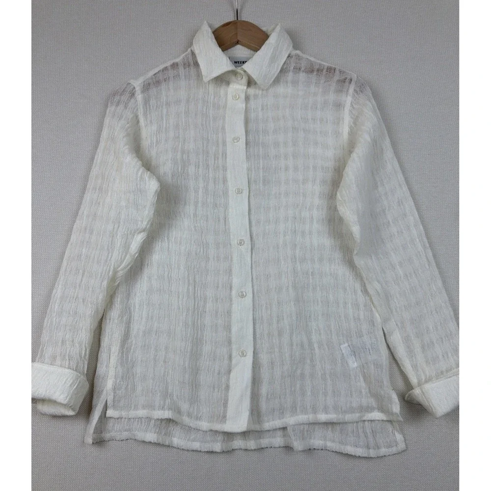 Weekday Button Up Linen Blend Blouse Size XS Off White Semi-Sheer Textured Chic